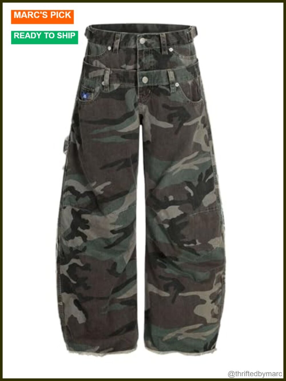 Double Waist Camo Cargo Pants 100% Cotton Wide Leg Straight Trousers